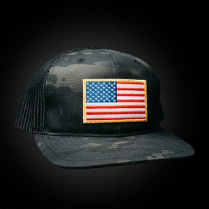 Multicam Black mesh snap back, American flag patch